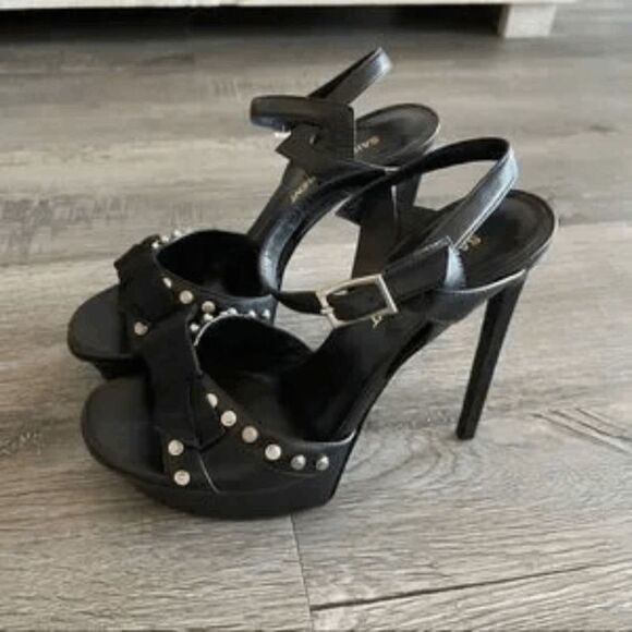 Saint Laurent Black Leather Studded 'Alice' Bow High-Heel Platform Sandals Size: - Picture 6 of 7